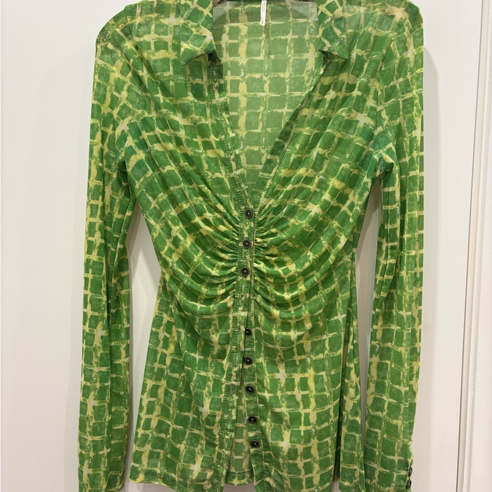 Free People Green Ruched Button Down Shirt